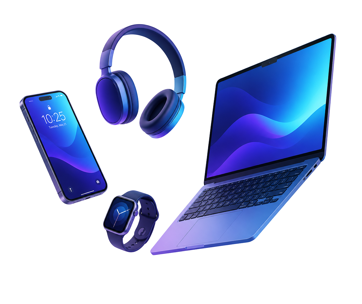 Smartphone, headphones, smartwatch and laptop floating in an indigo to cyan gradient